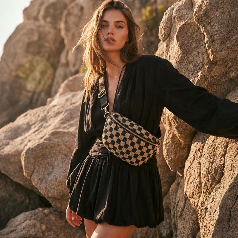 Woman in a black dress with a checkered bag standing against rocky terrain