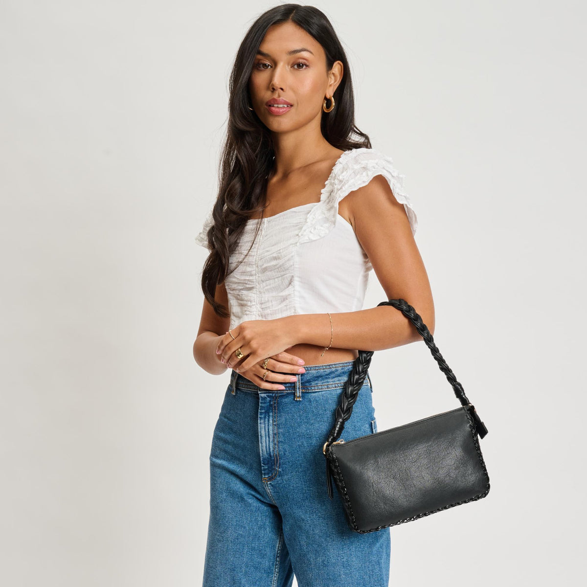 Woman wearing Black Moda Luxe Velveta Crossbody 842017135357 View 2 | Black