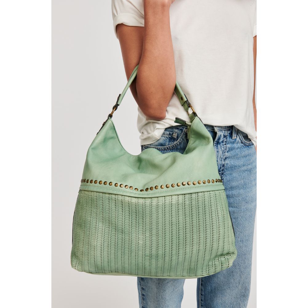 Woman wearing Sage Moda Luxe Kira Hobo 842017117674 View 4 | Sage