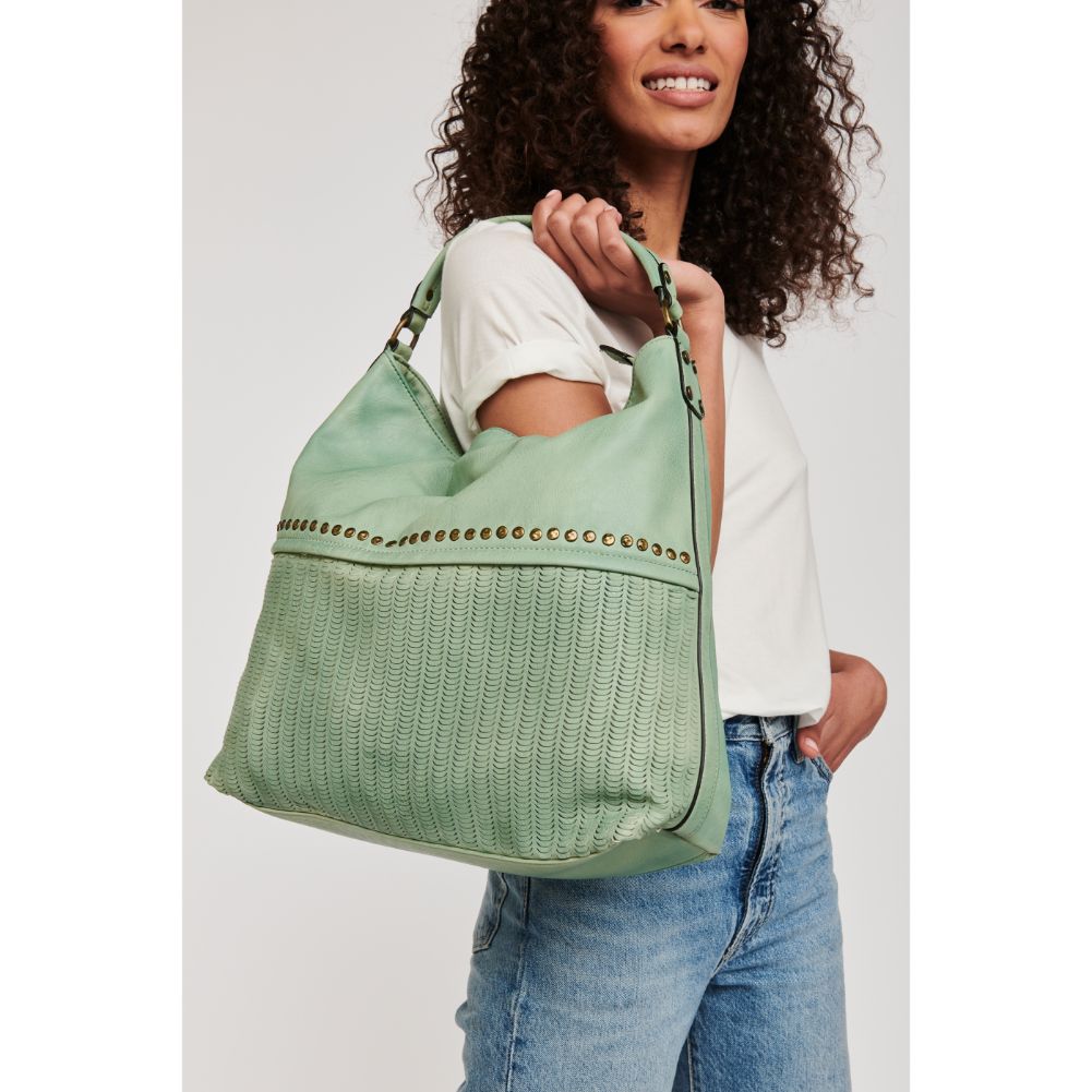 Woman wearing Sage Moda Luxe Kira Hobo 842017117674 View 1 | Sage
