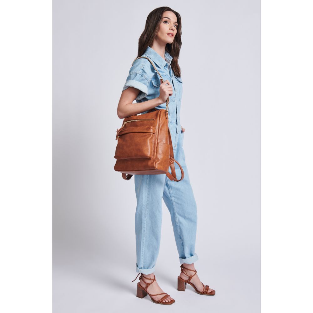 Woman wearing Tan Moda Luxe Riley Backpack 842017129417 View 4 | Tan