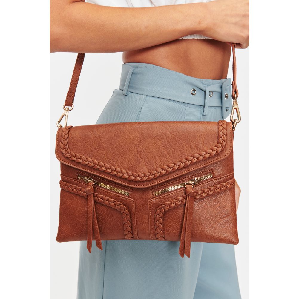 Woman wearing Cognac Moda Luxe Laurel Crossbody 842017128106 View 1 | Cognac