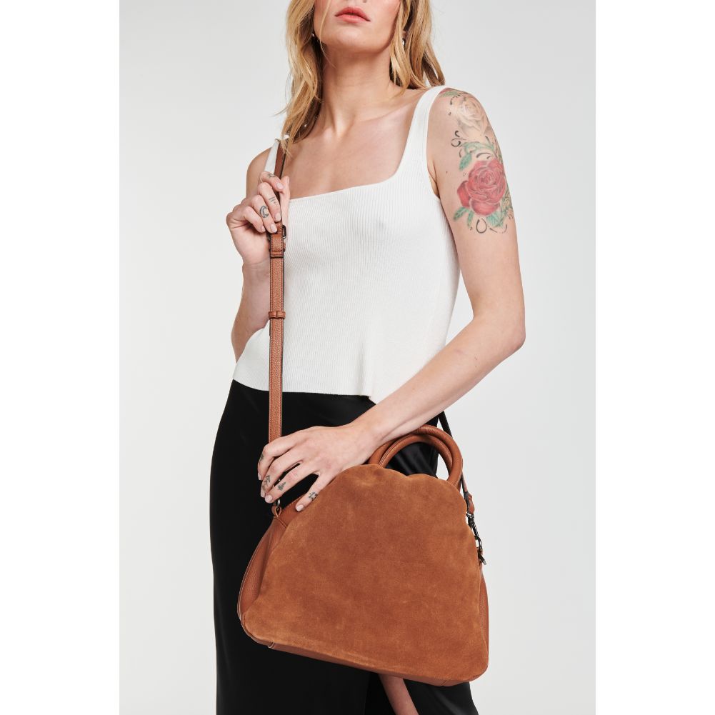 Woman wearing Tan Moda Luxe Addy Satchel 842017126362 View 2 | Tan