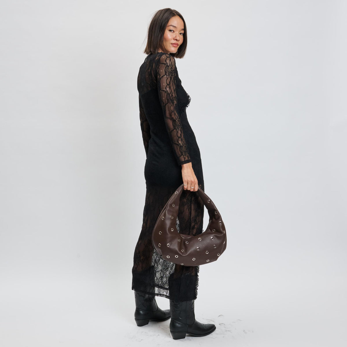 Woman wearing Chocolate Moda Luxe Riot Shoulder Bag 842017139775 View 3 | Chocolate