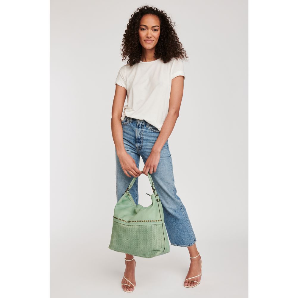 Woman wearing Sage Moda Luxe Kira Hobo 842017117674 View 3 | Sage