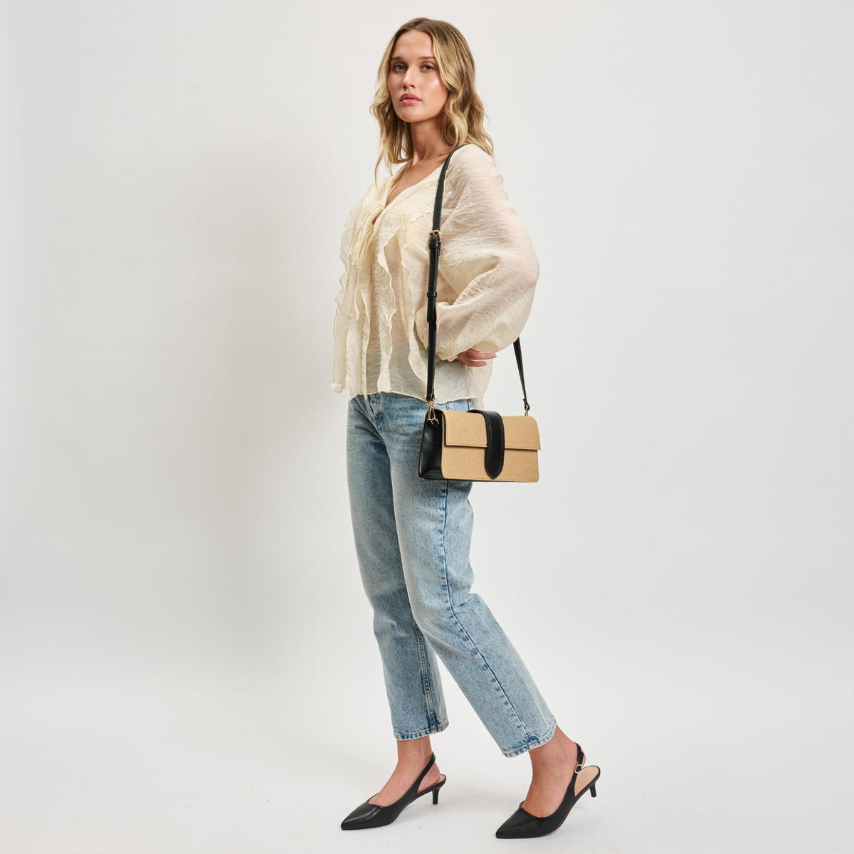 Woman wearing Natural Black Moda Luxe Violet - Straw Crossbody 842017142126 View 4 | Natural Black