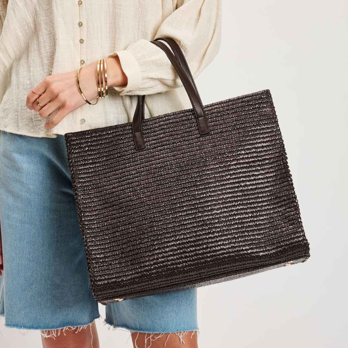 Woman wearing Chocolate Moda Luxe Camila Tote 842017140290 View 2 | Chocolate