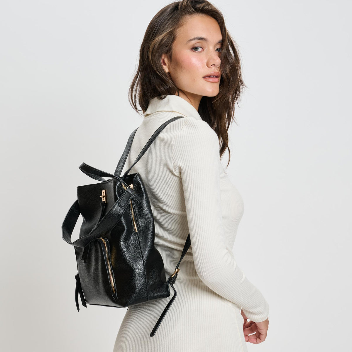 Woman wearing Black Moda Luxe Genevieve Backpack 842017136071 View 2 | Black