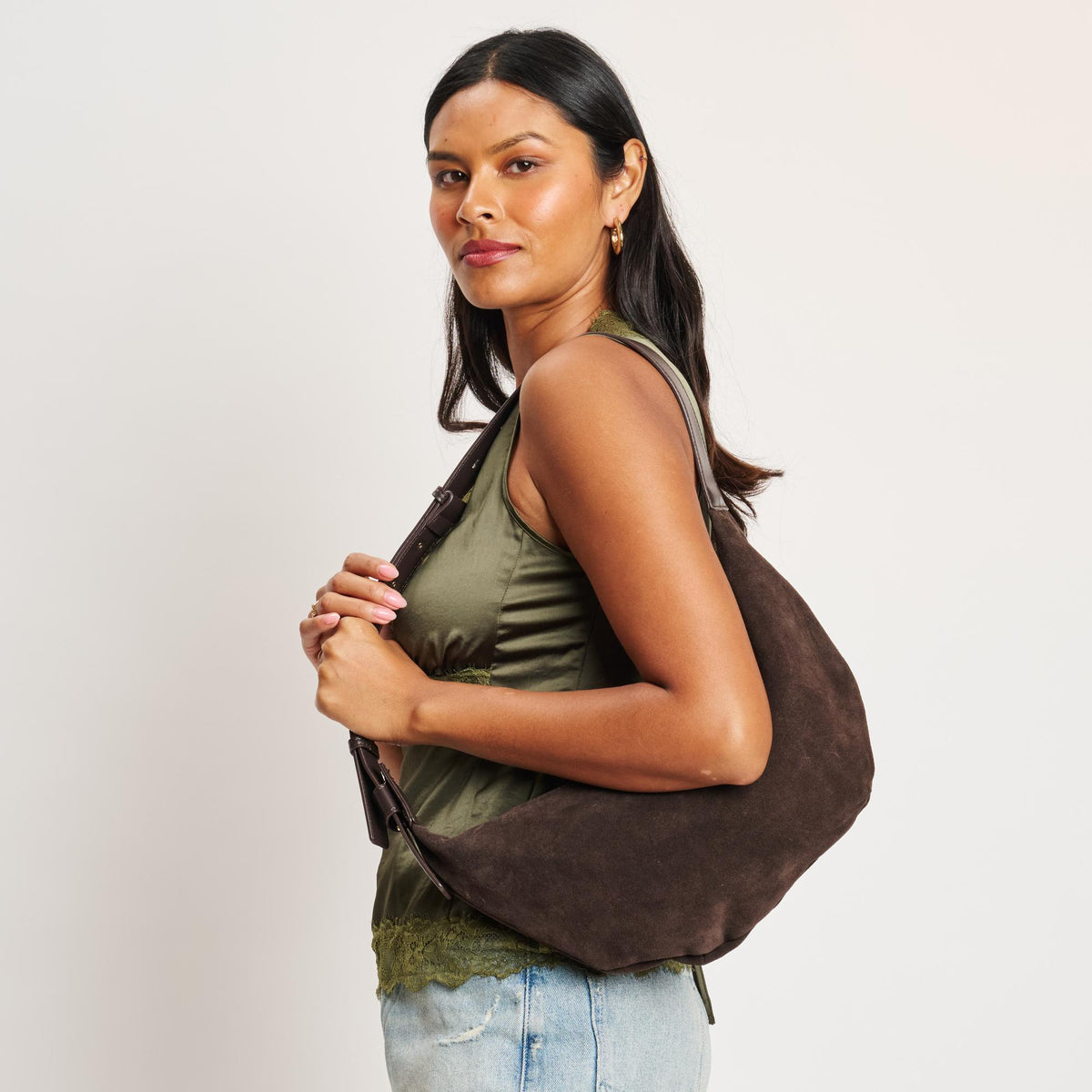Woman wearing Chocolate Moda Luxe Elodie Shoulder Bag 842017139010 View 1 | Chocolate