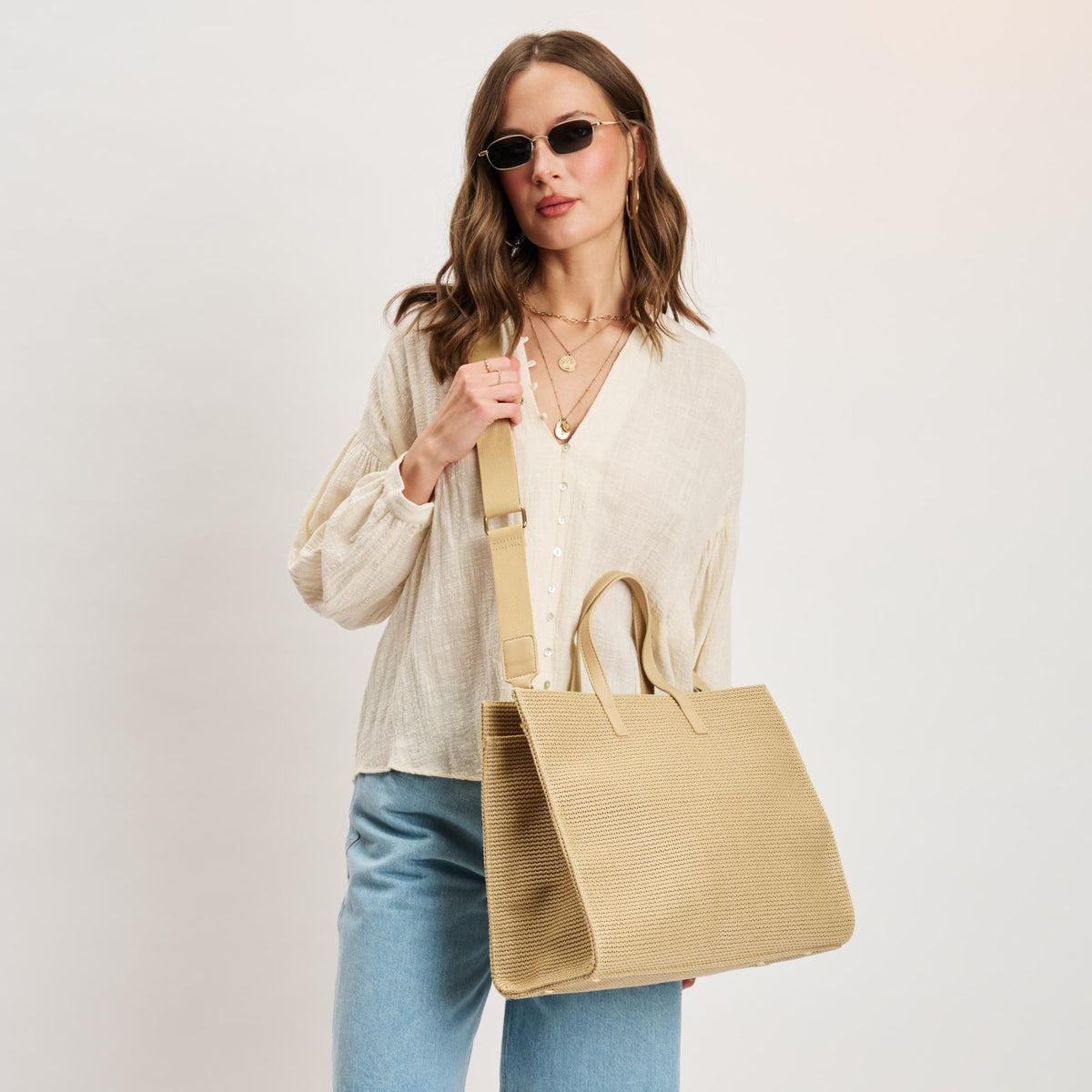 Woman wearing Natural Moda Luxe Camila Tote 842017140306 View 1 | Natural