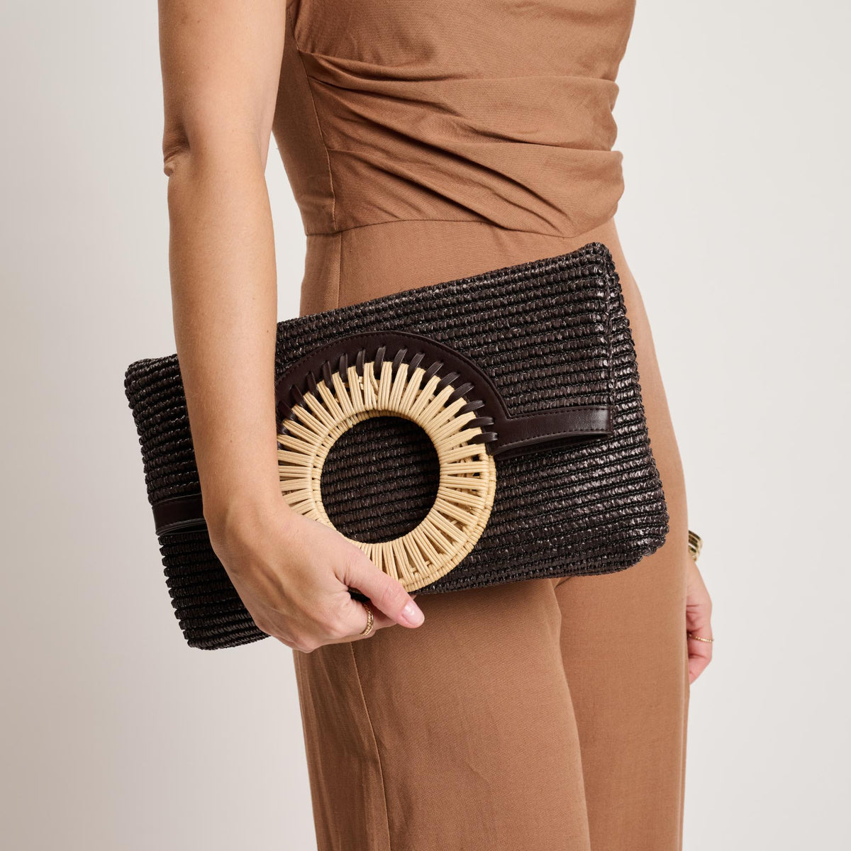 Woman wearing Chocolate Moda Luxe Tessa Crossbody 842017141198 View 1 | Chocolate
