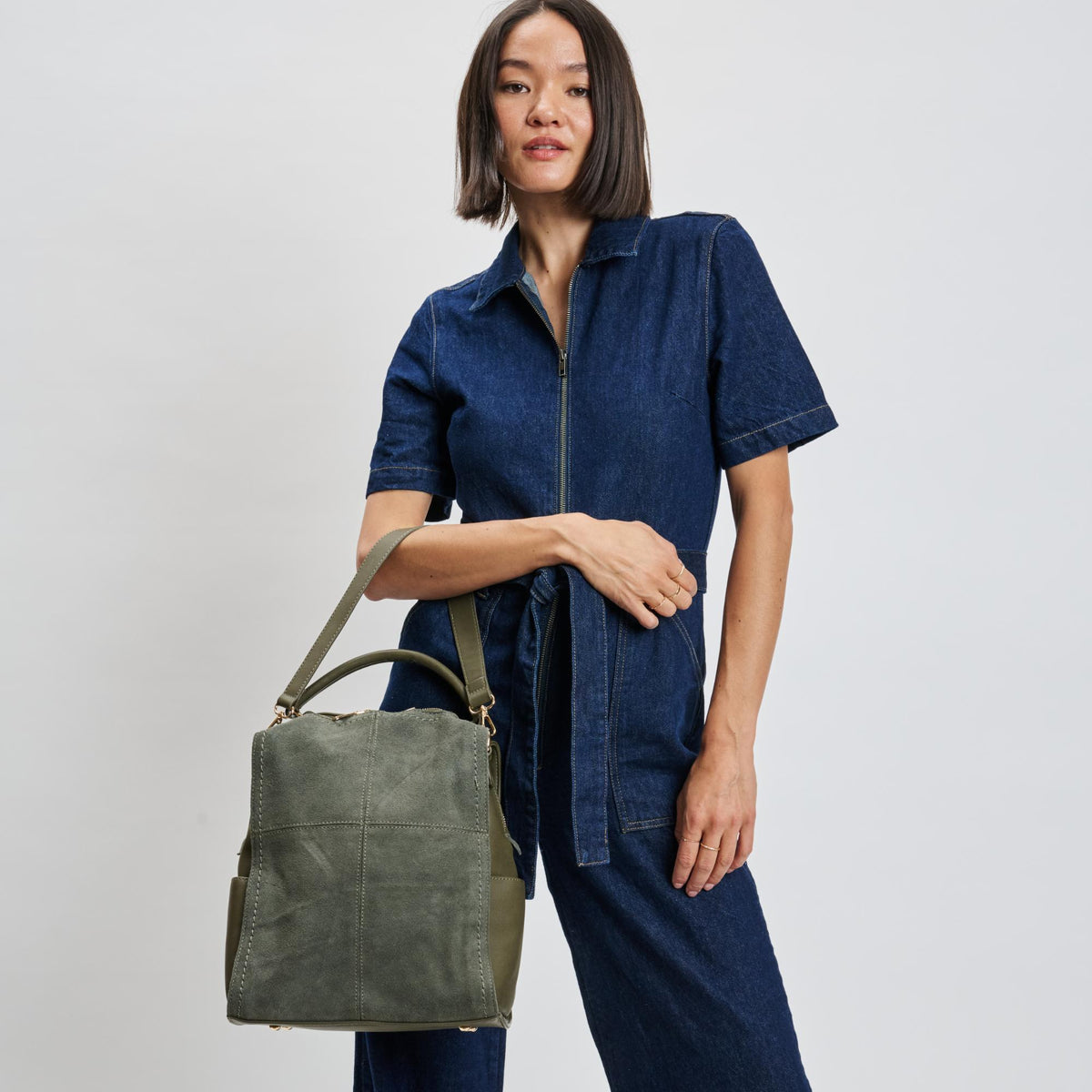 Woman wearing Olive Moda Luxe Brette Backpack 842017114697 View 2 | Olive