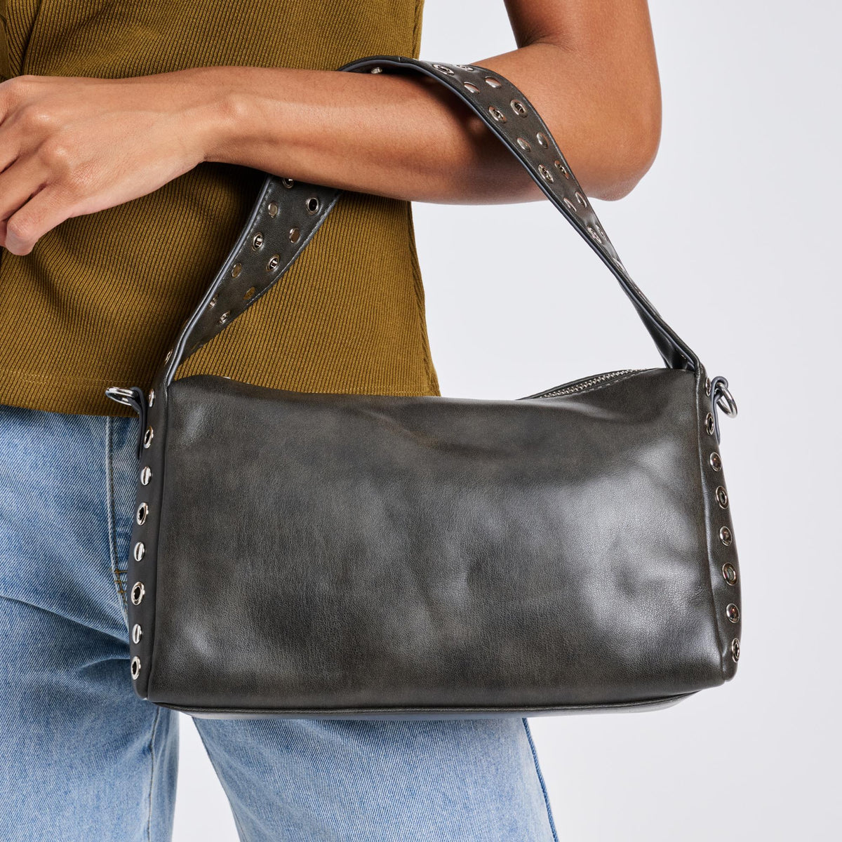 Woman wearing Gunmetal Moda Luxe Jane Clutch 842017136743 View 4 | Gunmetal