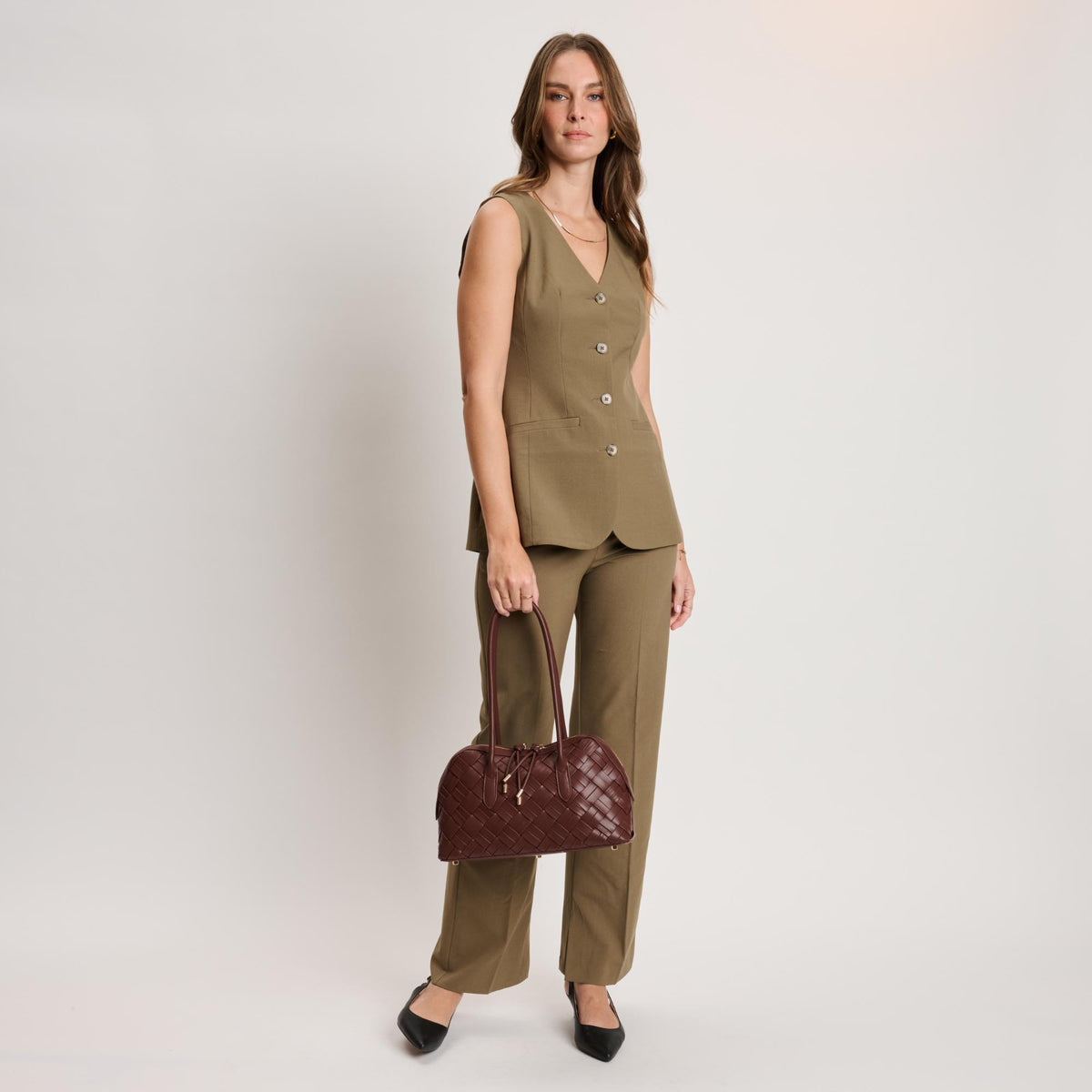 Woman wearing Chocolate Moda Luxe Lotus Shoulder Bag 842017140795 View 4 | Chocolate