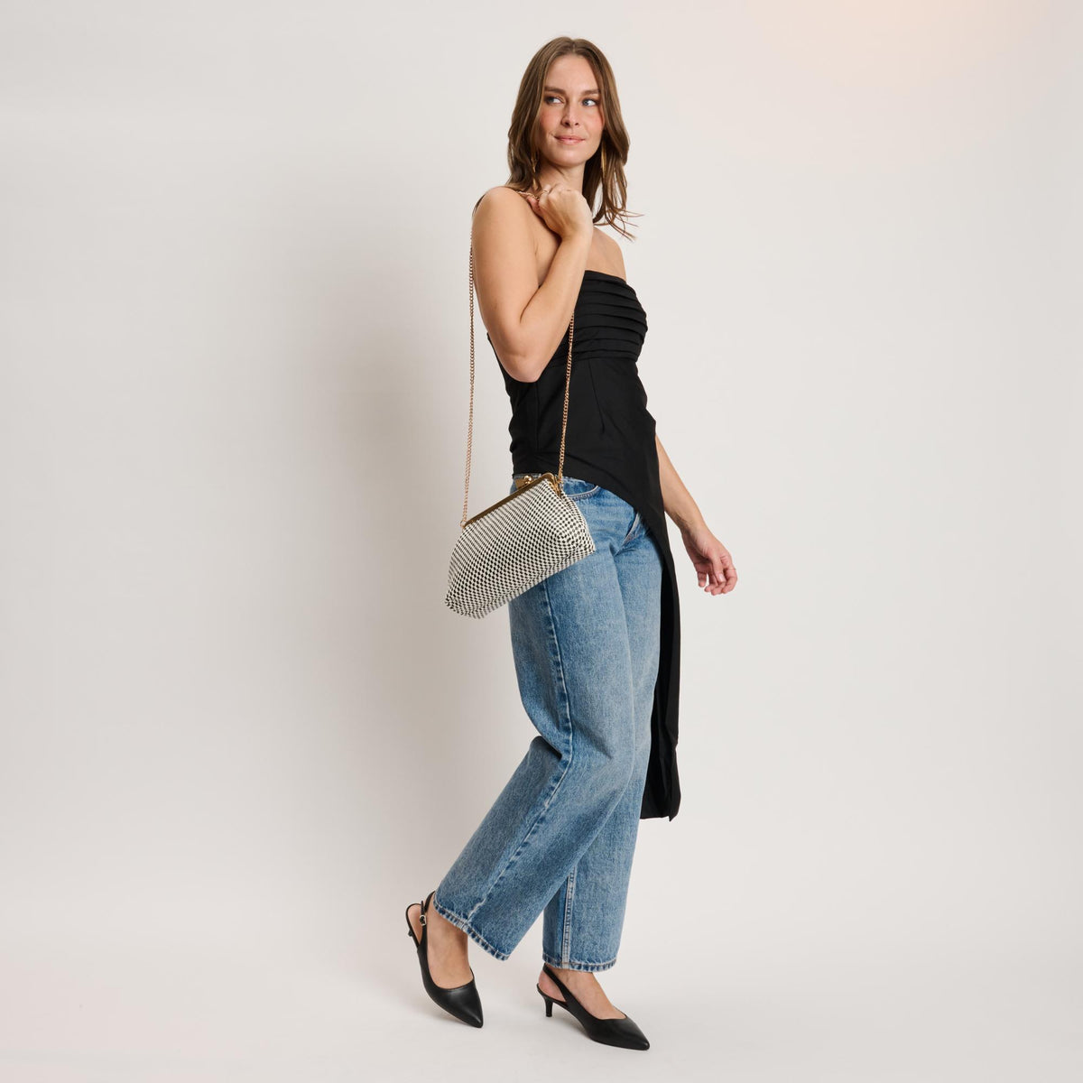 Woman wearing Black White Moda Luxe Bianca Clutch 842017141433 View 2 | Black White