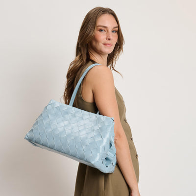 Woman wearing Blue Moda Luxe Elsy Satchel 842017140962 View 1 | Blue