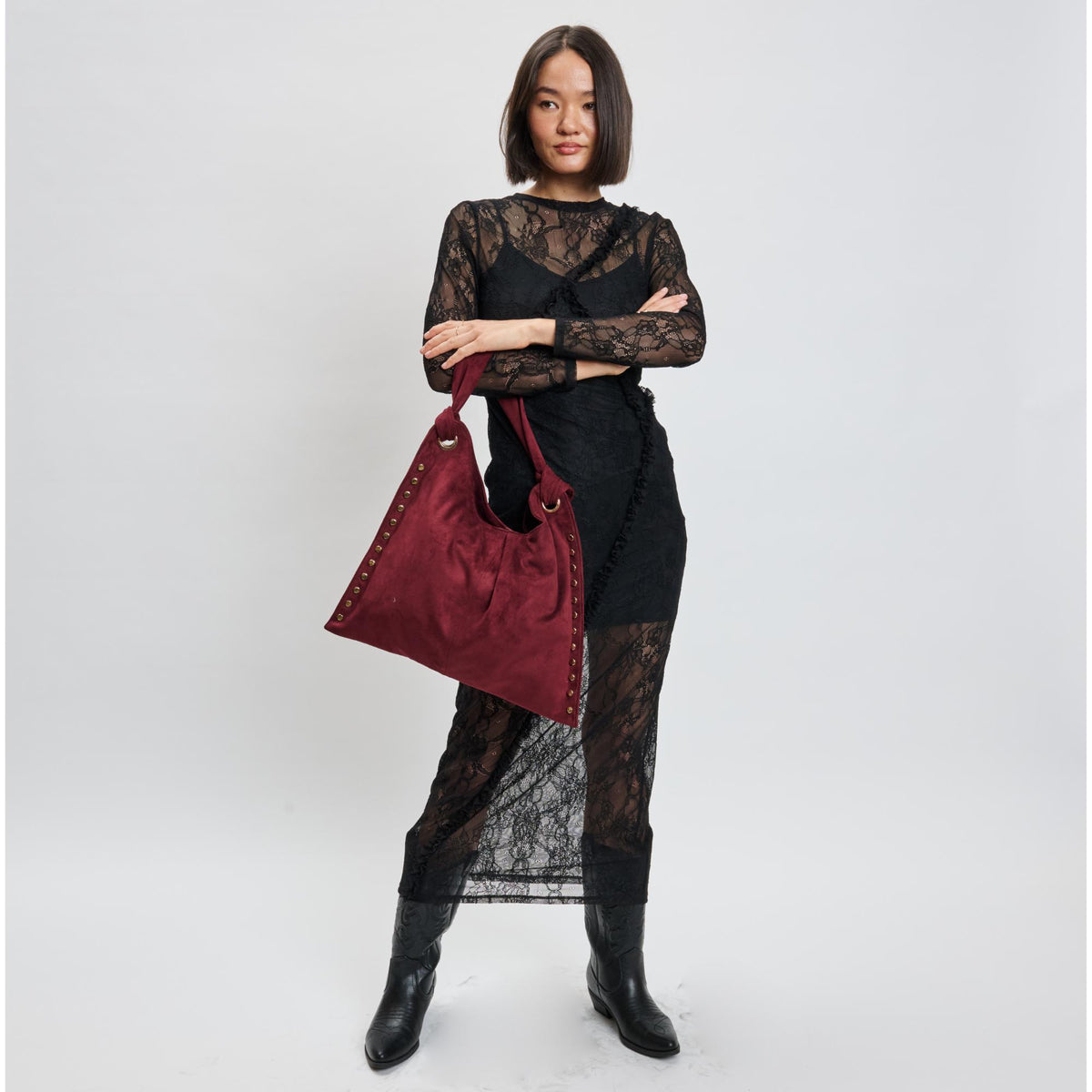 Woman wearing Wine Moda Luxe Meadow Hobo 842017139966 View 2 | Wine