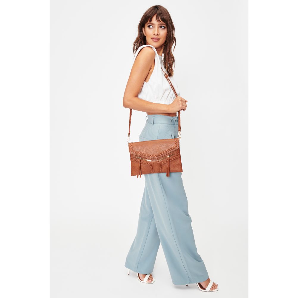 Woman wearing Cognac Moda Luxe Laurel Crossbody 842017128106 View 3 | Cognac