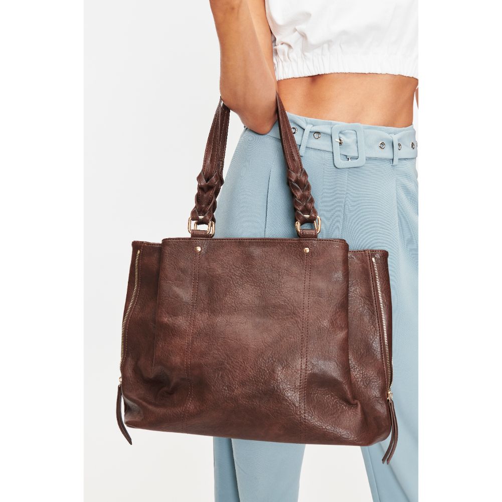 Woman wearing Espresso Moda Luxe Clementine Tote 842017128069 View 1 | Espresso