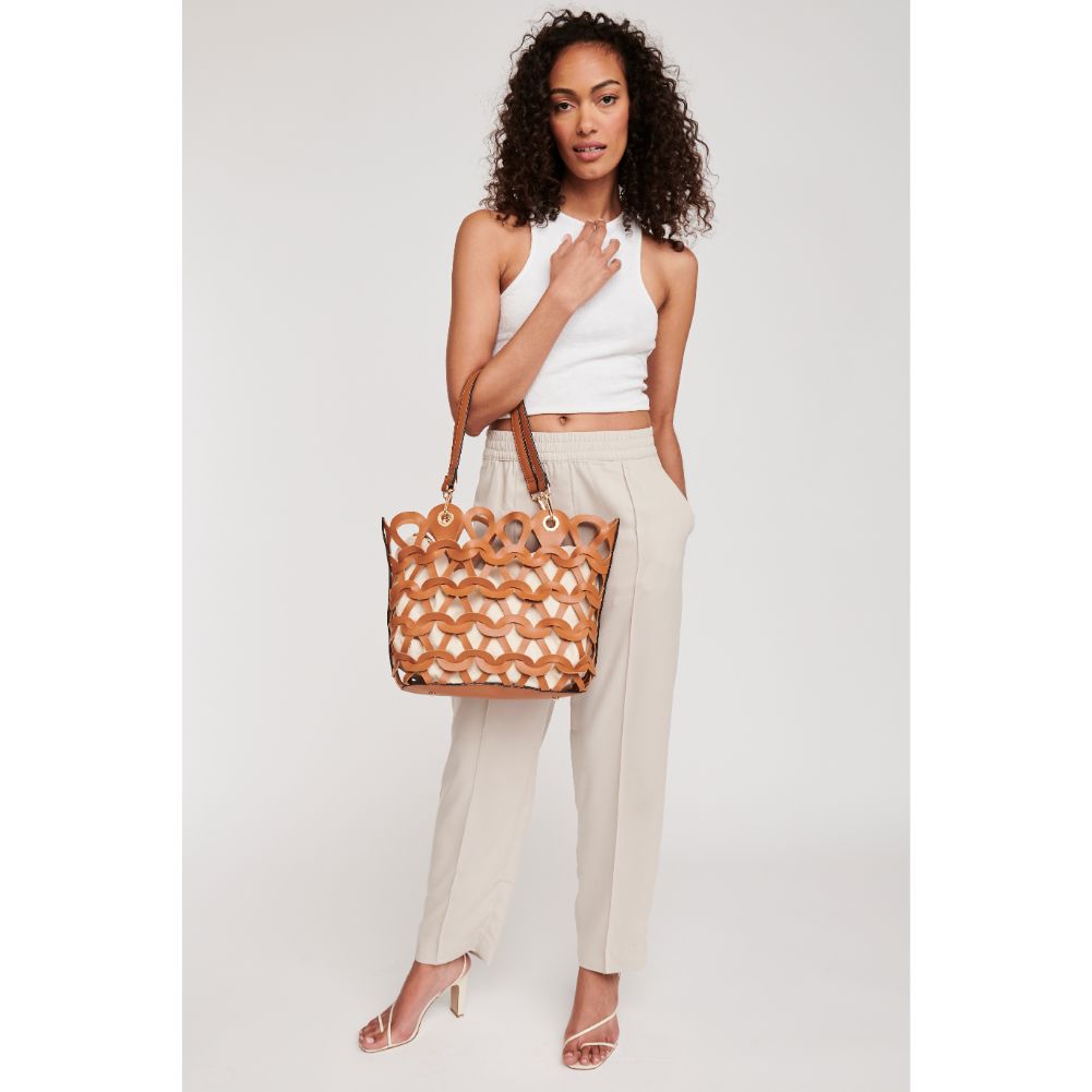 Woman wearing Tan Moda Luxe Paige Tote 842017120162 View 2 | Tan