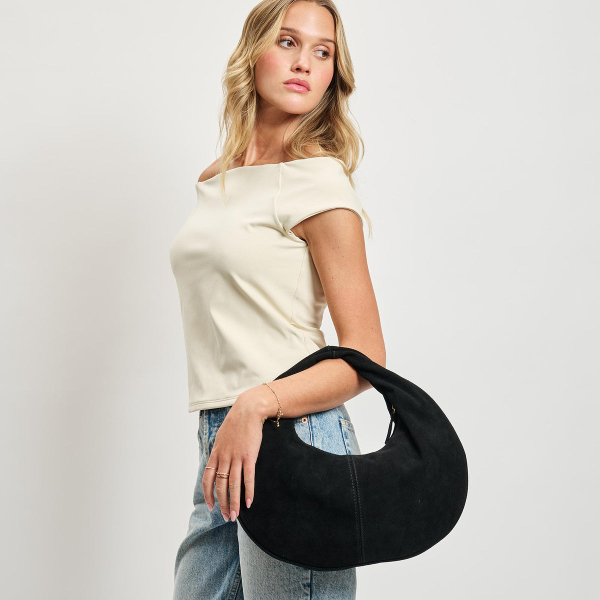 Woman wearing Black Moda Luxe Farrah - Suede Hobo 842017138617 View 2 | Black