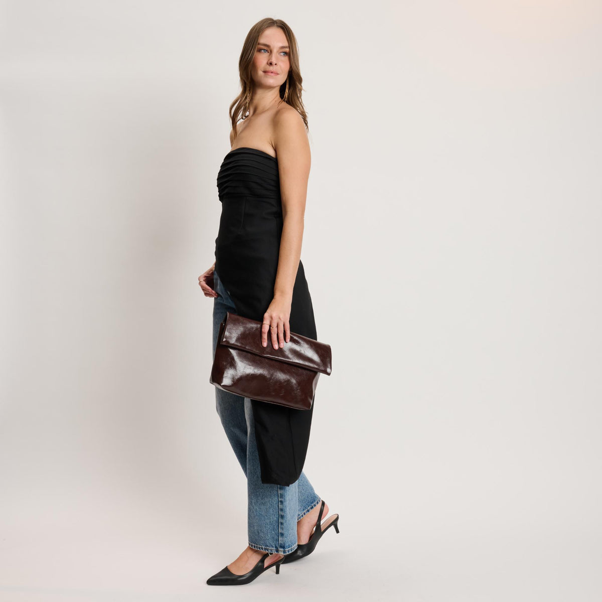 Woman wearing Espresso Moda Luxe Angela Crossbody 842017141648 View 4 | Espresso