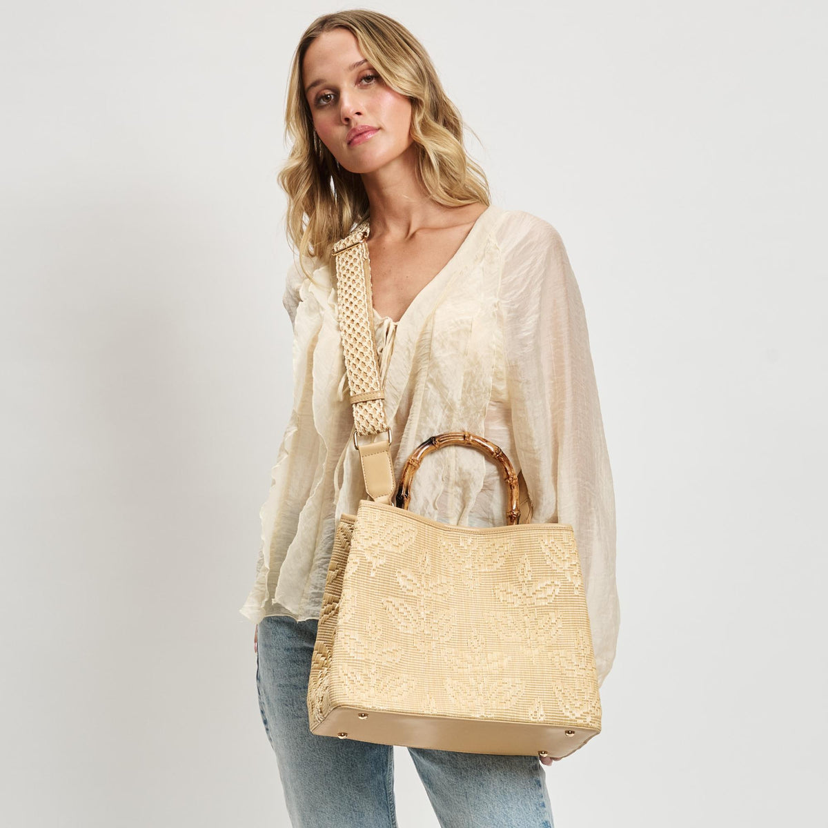 Woman wearing Natural Moda Luxe Riviera Tote 842017138587 View 1 | Natural