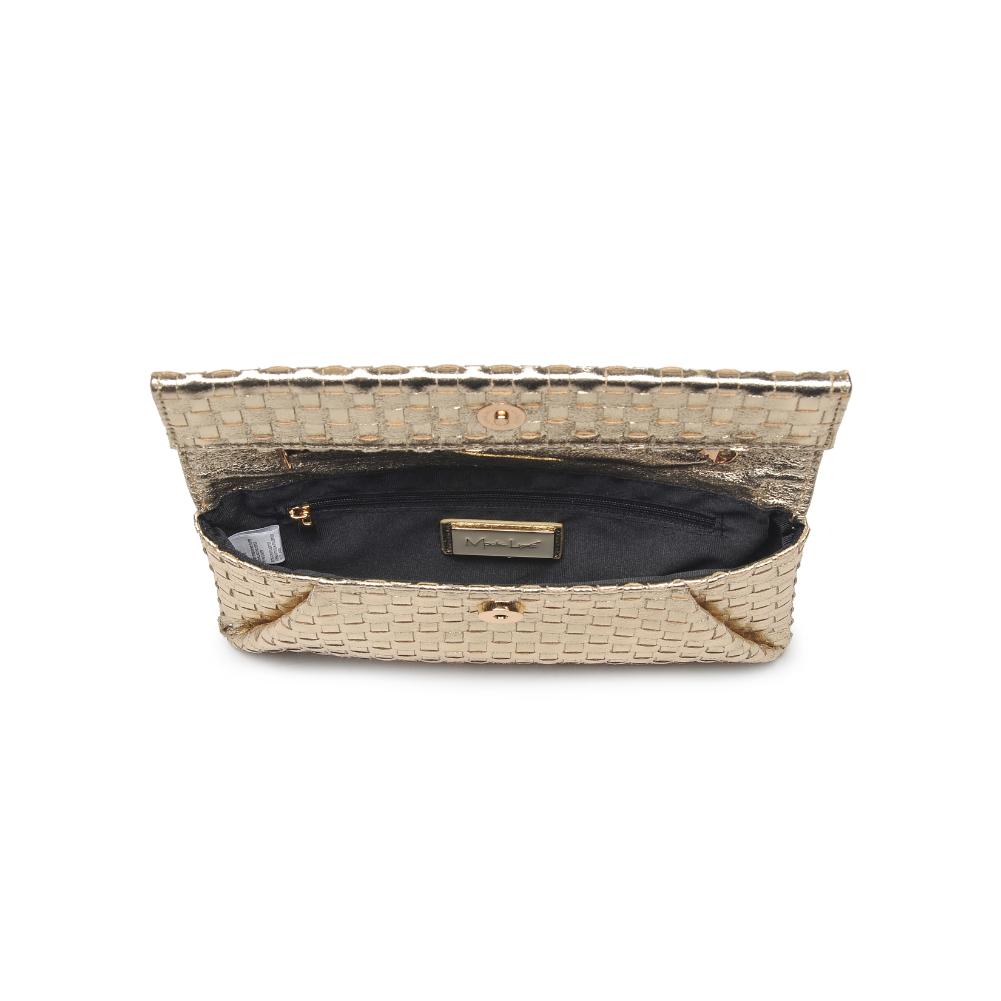 Woman wearing Gold Moda Luxe Priscilla Clutch 842017136552 View 9 | Gold
