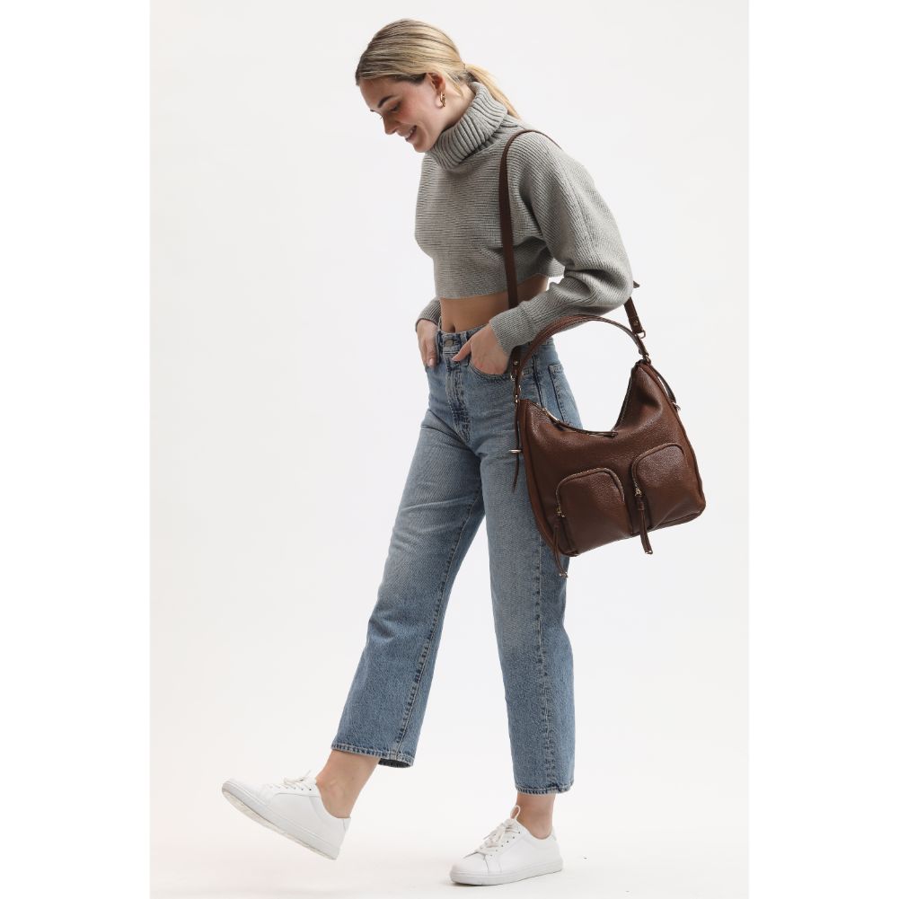 Woman wearing Chocolate Moda Luxe Marla Hobo 842017134053 View 2 | Chocolate