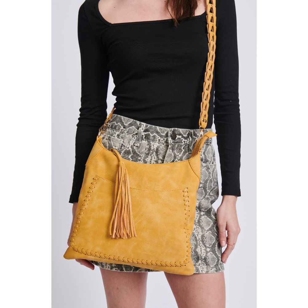 Woman wearing Mustard Moda Luxe Layla Crossbody 842017129516 View 3 | Mustard