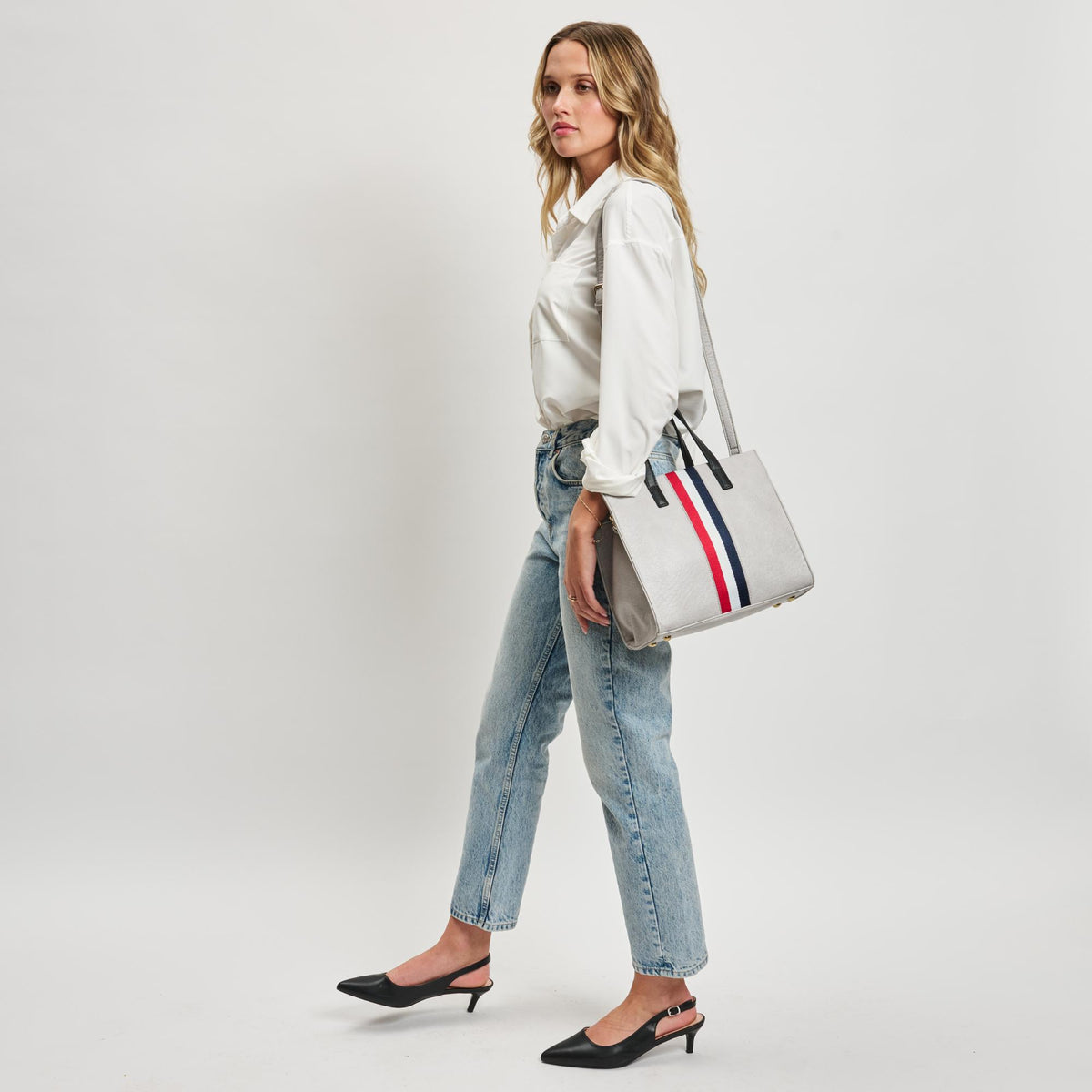 Woman wearing Dove Grey Moda Luxe Jasmine Mini Tote 842017126997 View 4 | Dove Grey