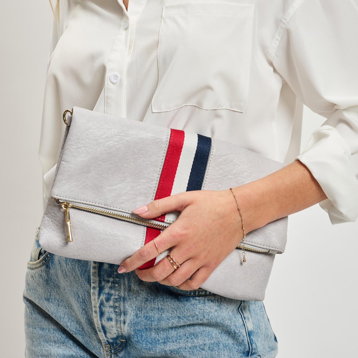 Woman wearing Dove Grey Moda Luxe Jules Clutch 842017120094 View 4 | Dove Grey
