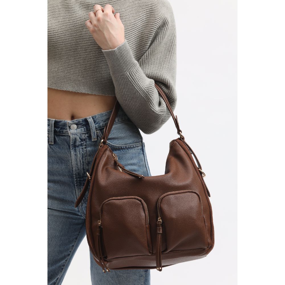 Woman wearing Chocolate Moda Luxe Marla Hobo 842017134053 View 4 | Chocolate