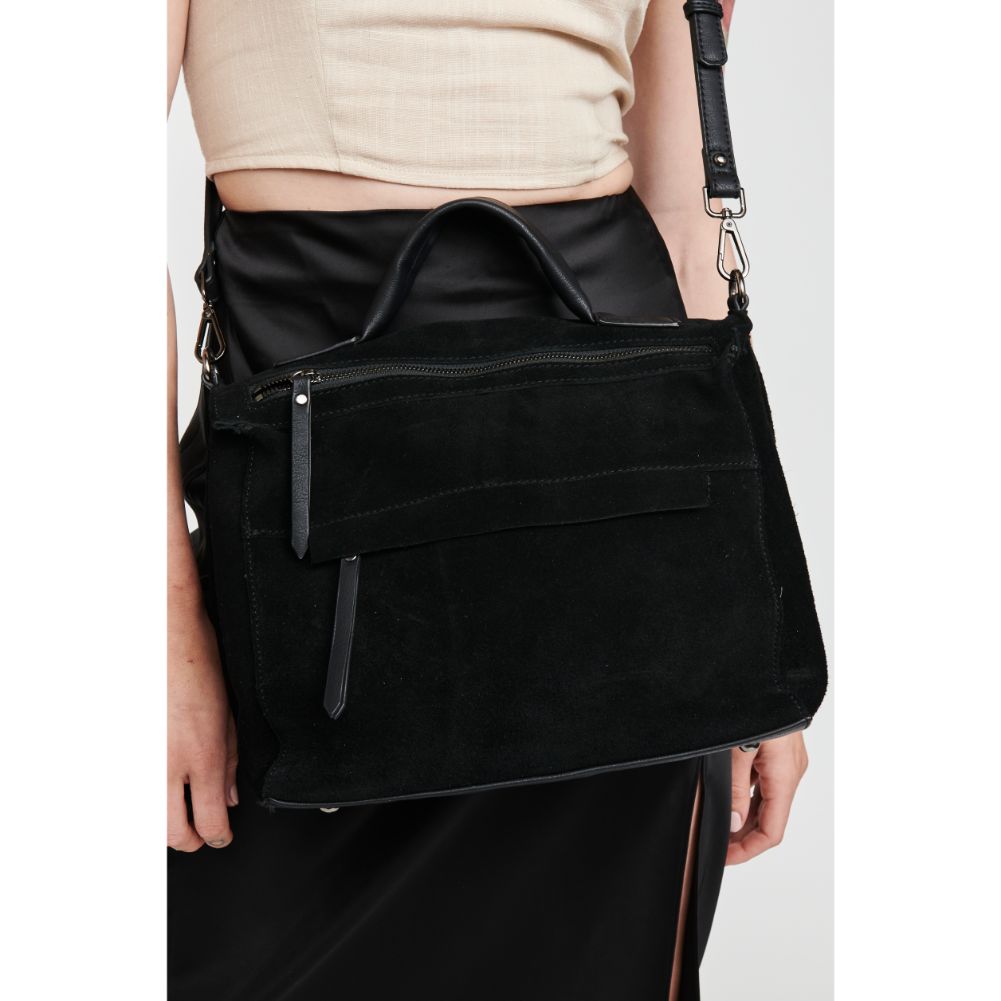 Woman wearing Black Moda Luxe Harrison Satchel 842017116004 View 2 | Black