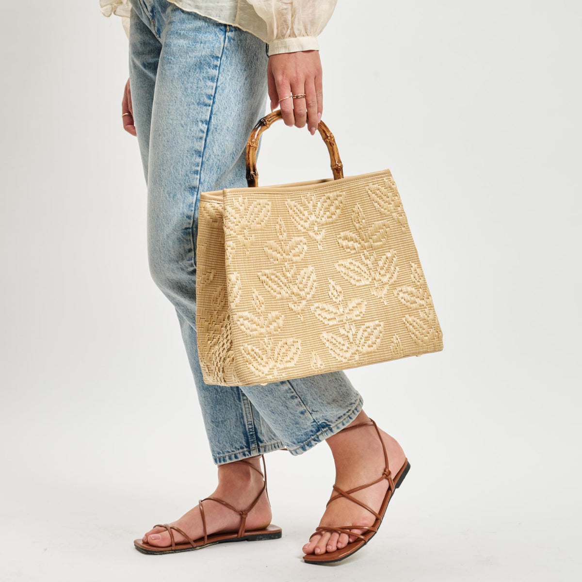 Woman wearing Natural Moda Luxe Riviera Tote 842017138587 View 3 | Natural