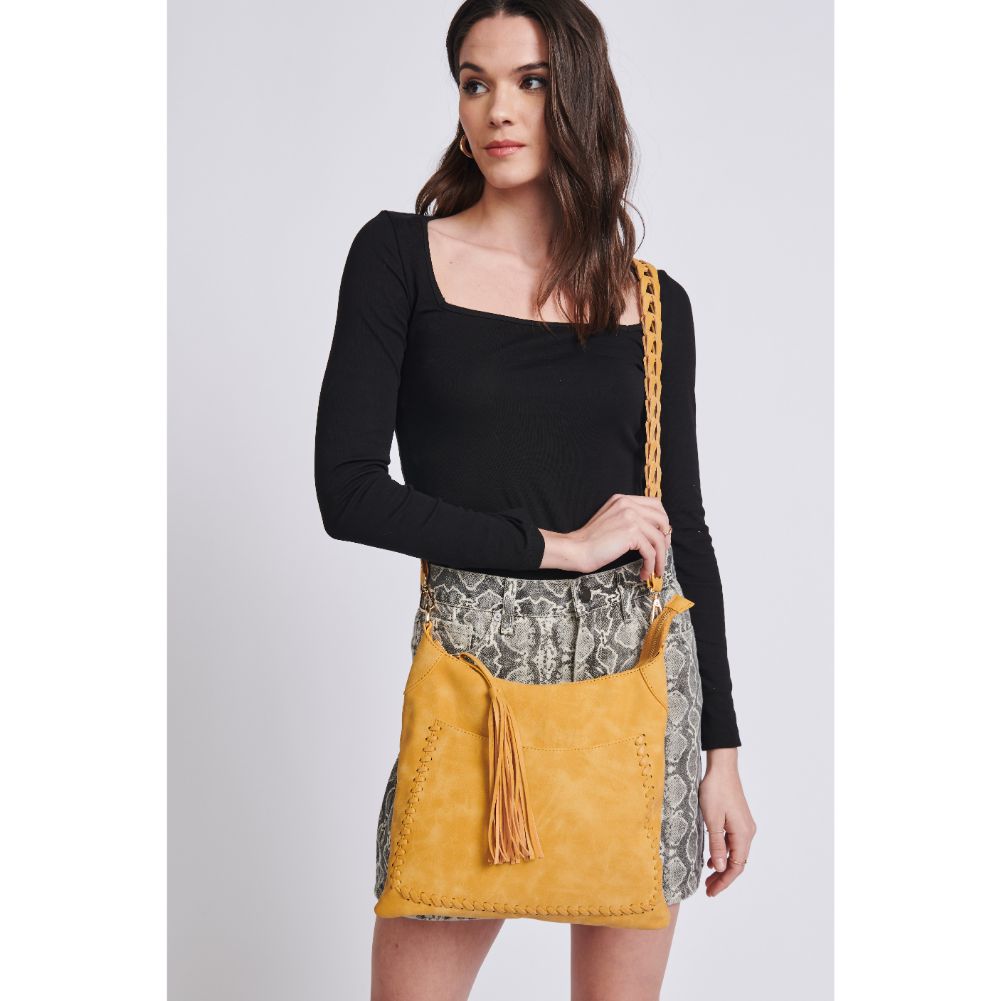 Woman wearing Mustard Moda Luxe Layla Crossbody 842017129516 View 2 | Mustard