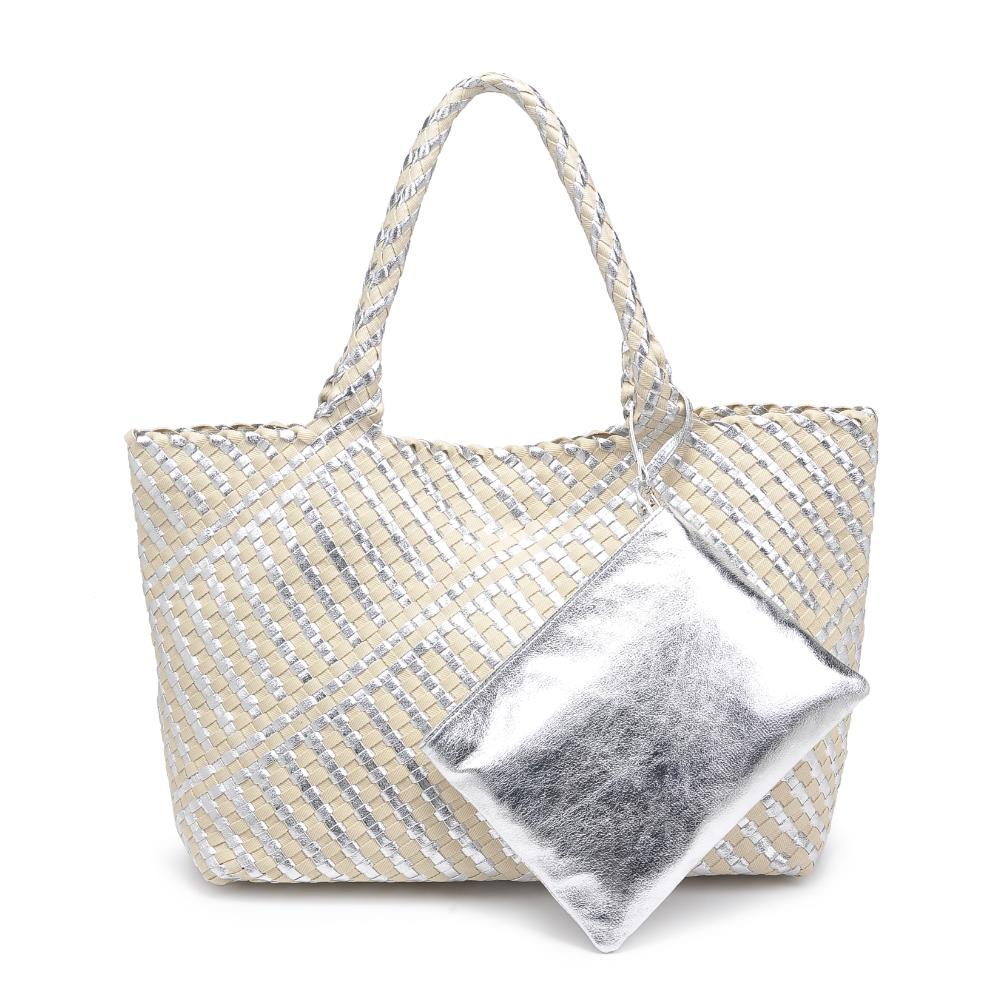 Woman wearing Silver Ivory Moda Luxe Solana - Mixed Material Tote 842017136866 View 5 | Silver Ivory