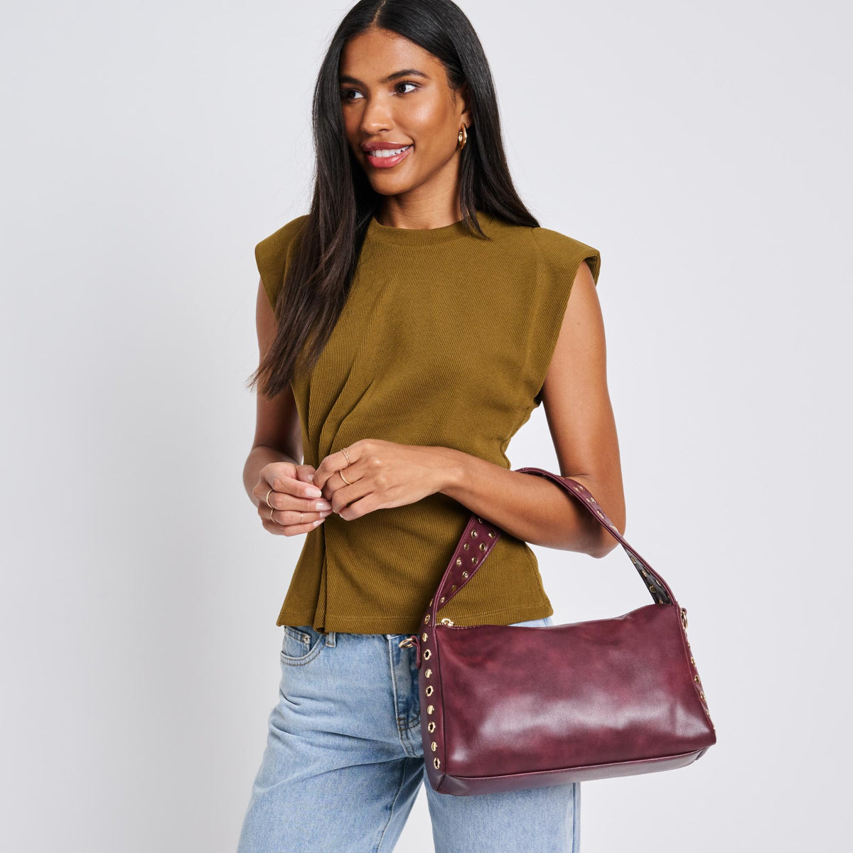 Woman wearing Burgundy Moda Luxe Jane Clutch 842017136767 View 2 | Burgundy