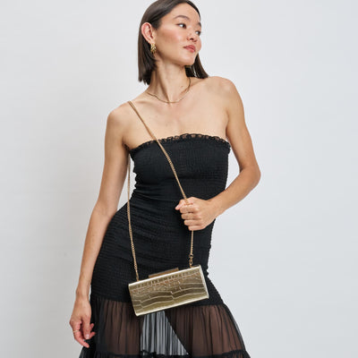 Woman wearing Gold Moda Luxe Sienna Evening Bag 842017139713 View 1 | Gold