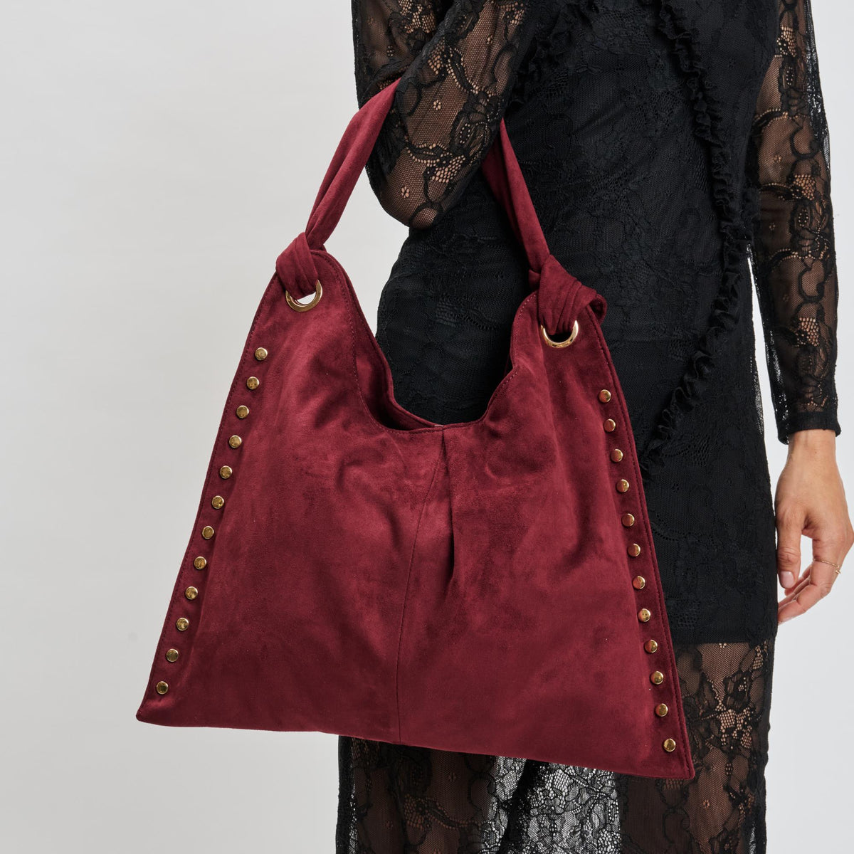 Woman wearing Wine Moda Luxe Meadow Hobo 842017139966 View 4 | Wine