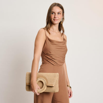 Woman wearing Natural Moda Luxe Tessa Crossbody 842017141204 View 1 | Natural