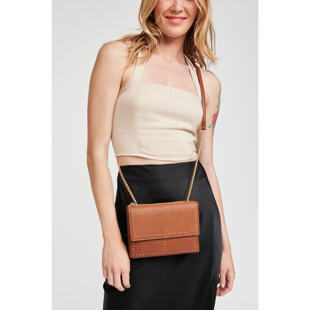 Woman wearing Tan Moda Luxe Fate Crossbody 842017111627 View 1 | Tan