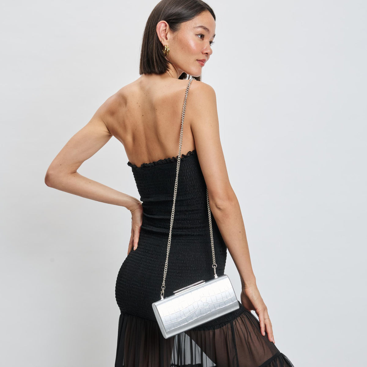 Woman wearing Silver Moda Luxe Sienna Evening Bag 842017139720 View 3 | Silver