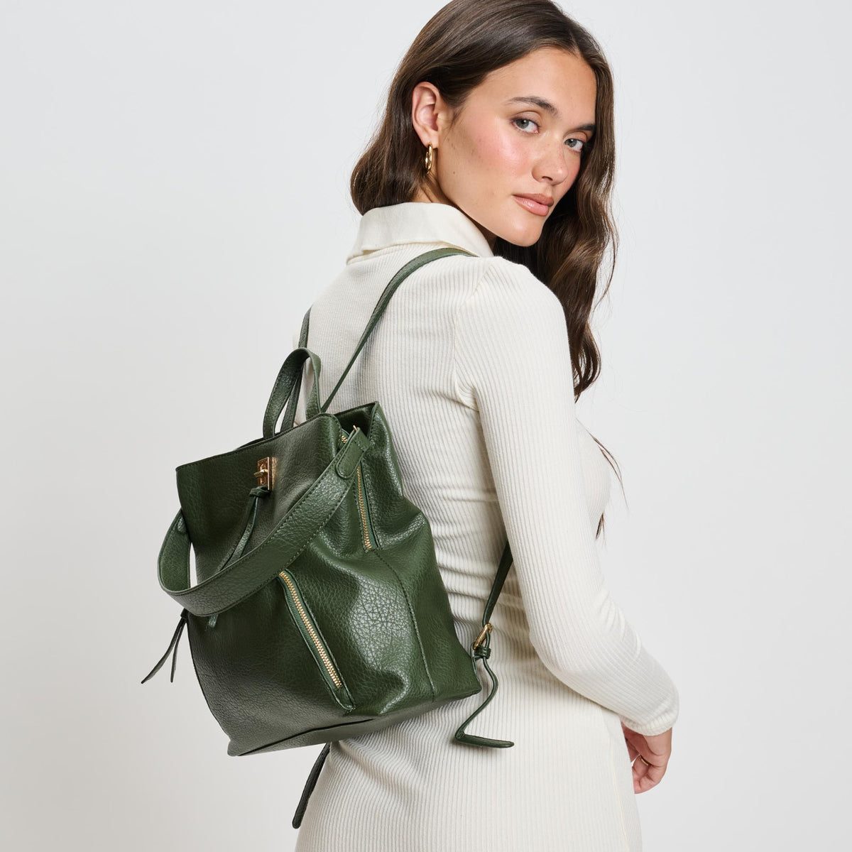 Woman wearing Forest Moda Luxe Genevieve Backpack 842017136101 View 2 | Forest