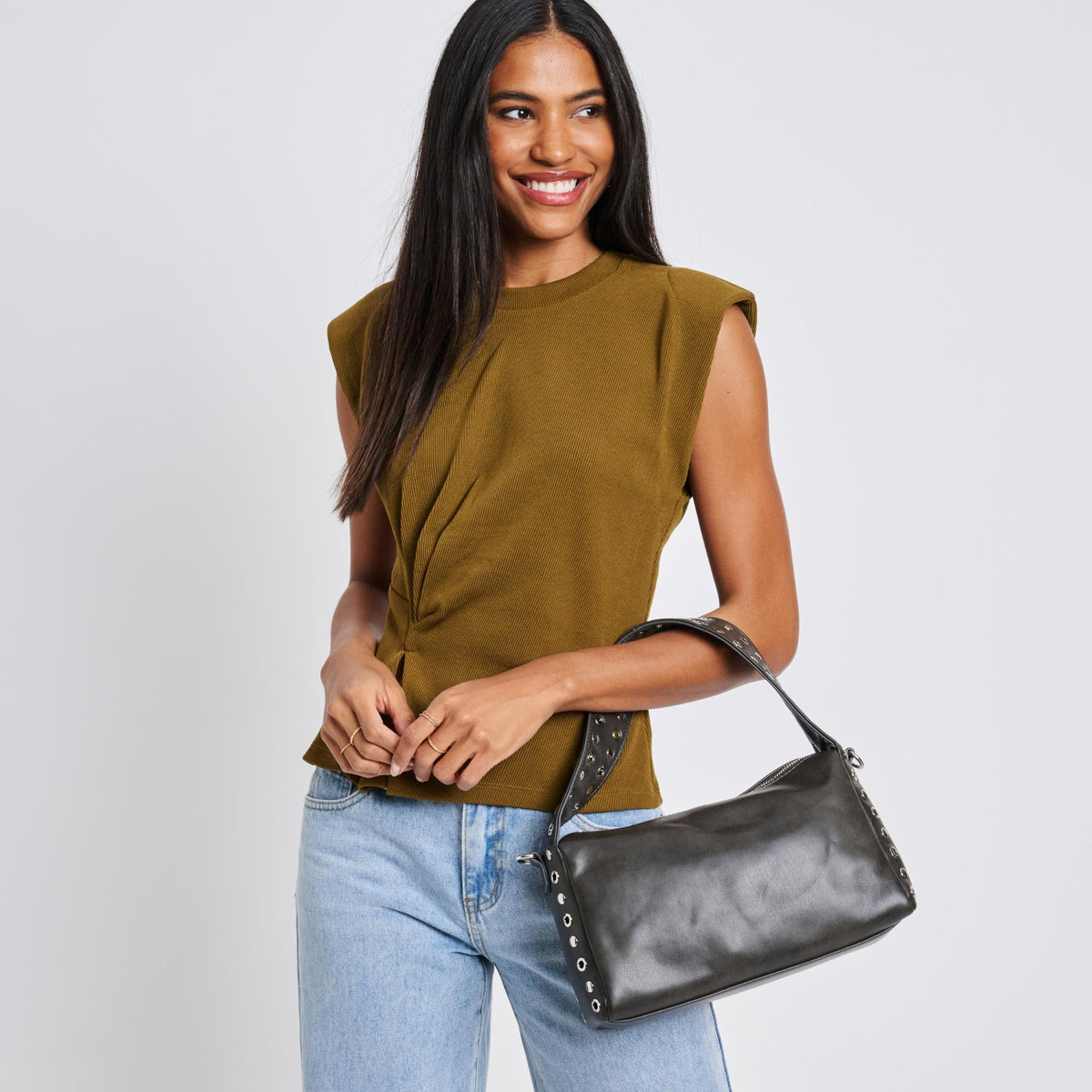 Woman wearing Gunmetal Moda Luxe Jane Clutch 842017136743 View 1 | Gunmetal