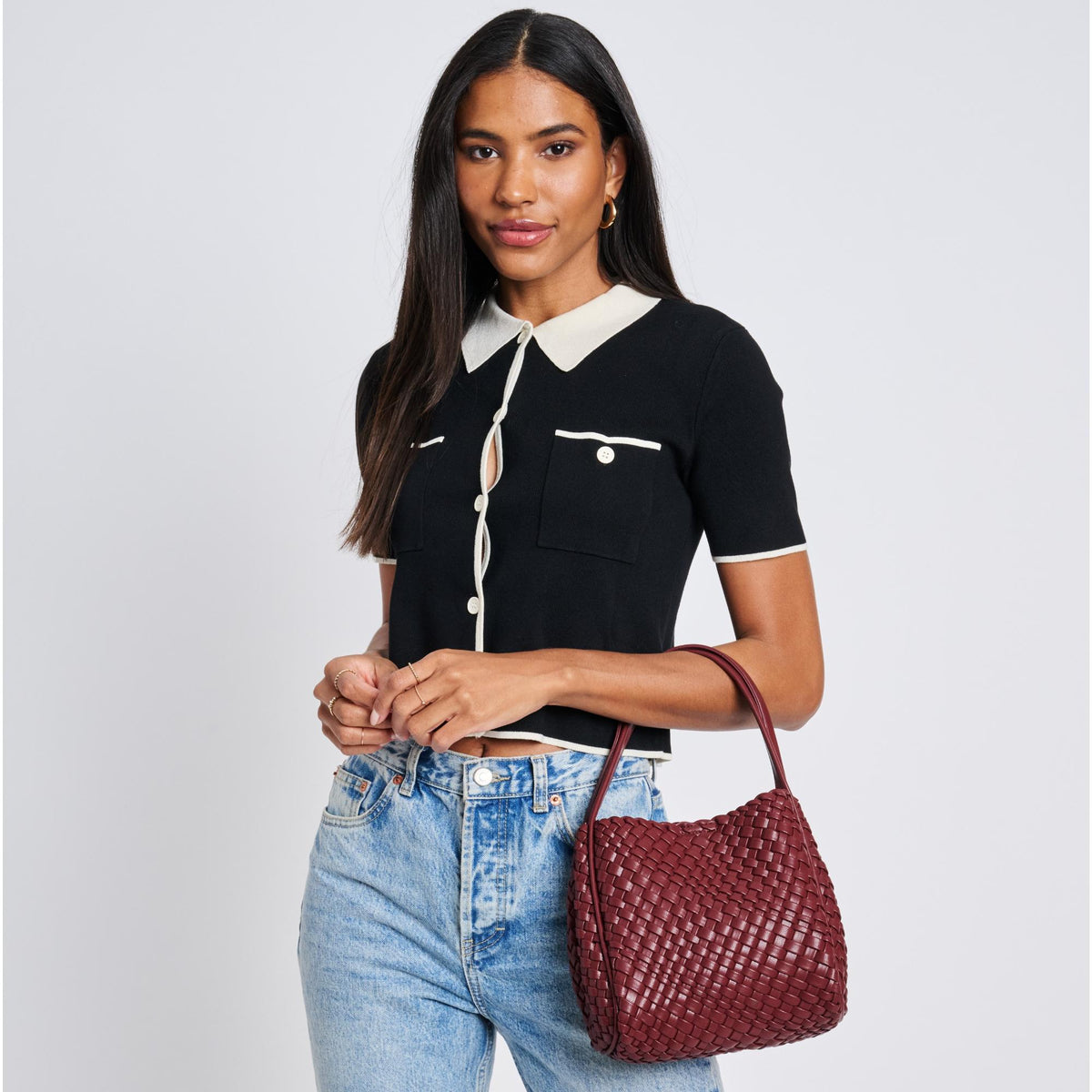 Woman wearing Burgundy Moda Luxe Roxy Crossbody 842017136279 View 3 | Burgundy