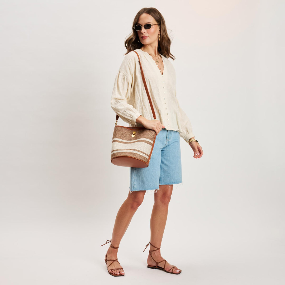 Woman wearing Tan Moda Luxe Mirella Bucket 842017141402 View 3 | Tan