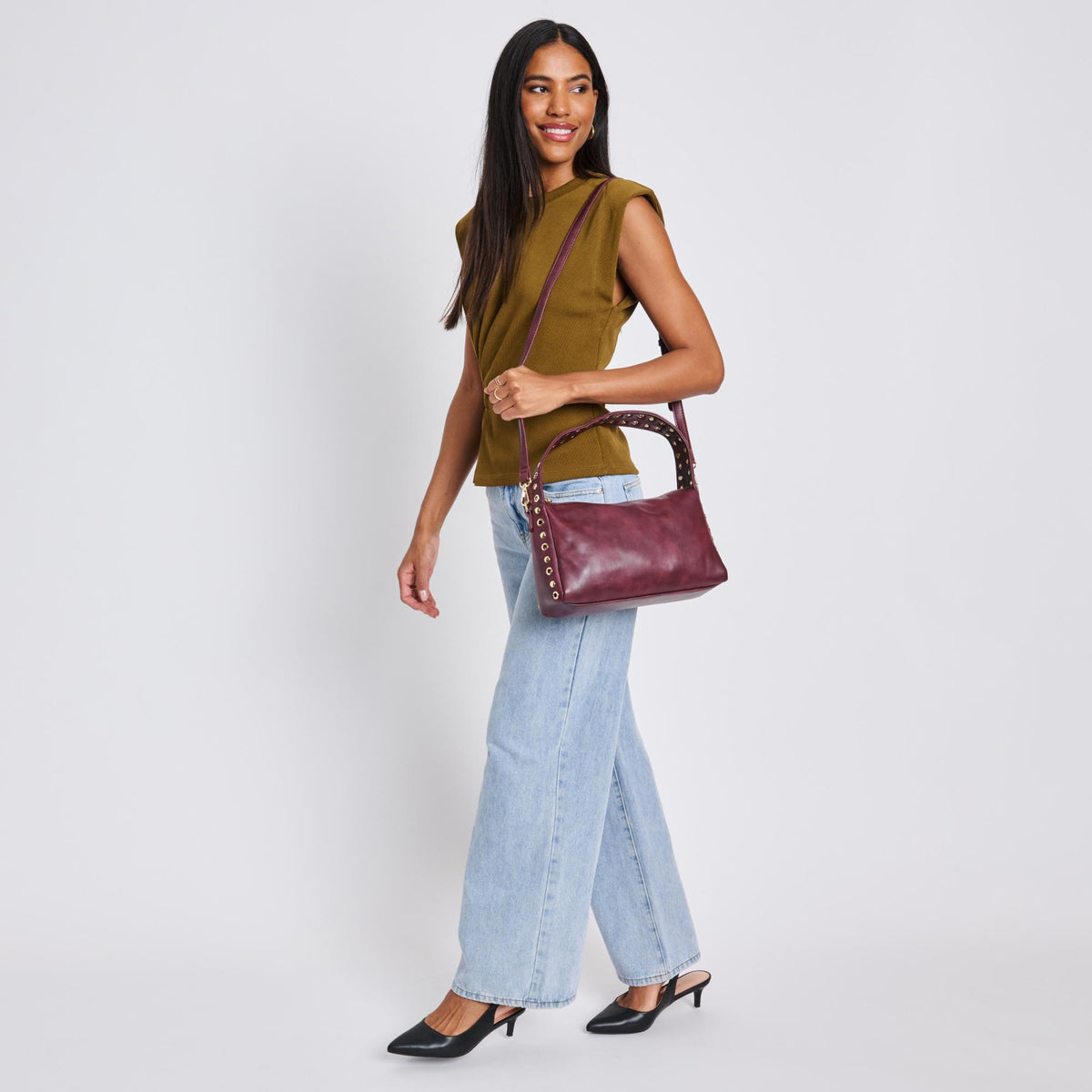 Woman wearing Burgundy Moda Luxe Jane Clutch 842017136767 View 4 | Burgundy