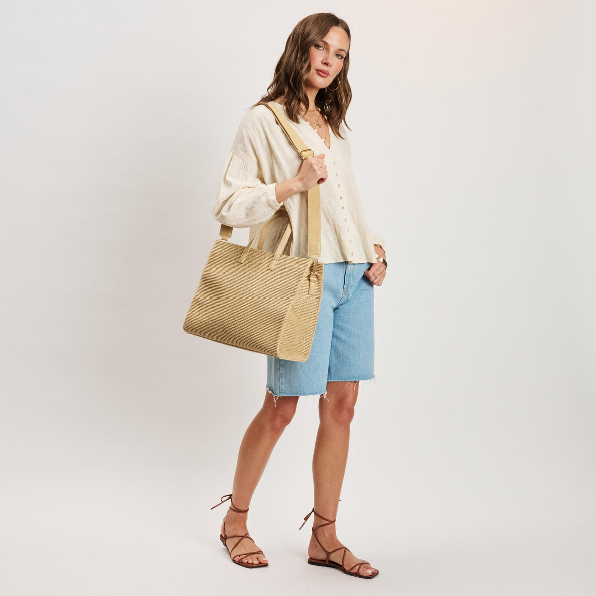 Woman wearing Natural Moda Luxe Camila Tote 842017140306 View 3 | Natural