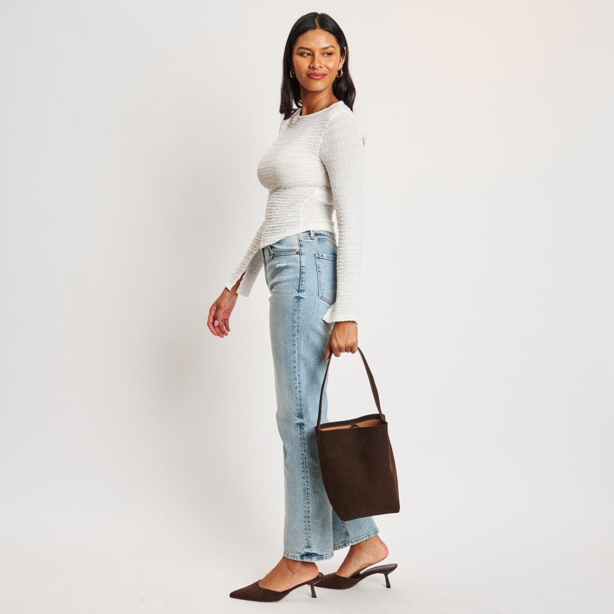 Woman wearing Chocolate Moda Luxe Colette Bucket 842017138990 View 4 | Chocolate
